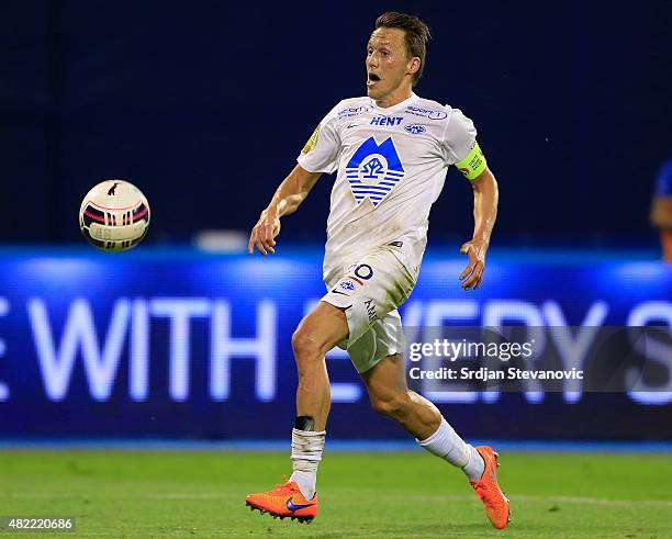 Mattias Mostrom of FC Molde in action during the UEFA Champions League Third Qualifying Round 1st Leg match between FC Dinamo Zagreb and FC Molde at...