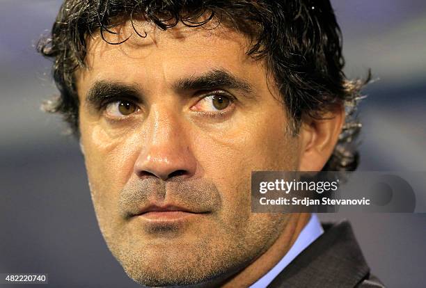 Head coach Zoran Mamic of FC Dinamo Zagreb looks on prior the UEFA Champions League Third Qualifying Round 1st Leg match between FC Dinamo Zagreb and...