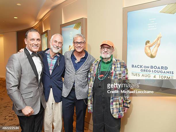 Johnny Chaillot, David Webster, film subject Greg Louganis, and writer/activist Larry Kramer attend the New York premiere of HBO Sports Documentary...