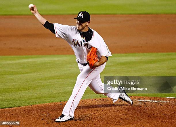 Jose Fernandez of the Miami Marlins pitches during a game against the Washington Nationals at Marlins Park on July 28, 2015 in Miami, Florida.