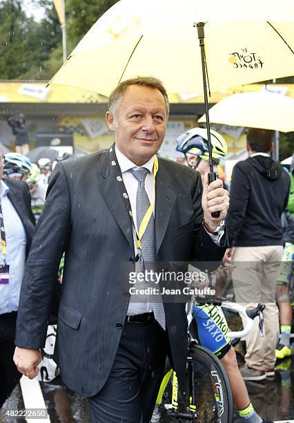 French Secretary of State for Sports Thierry Braillard attends stage twenty one of the 2015 Tour de France, a 109.5 km stage from Sevres to the...