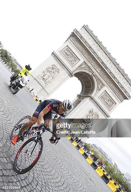 Sylvain Chavanel of France and IAM Cycling in action around the Arc de Triomphe during stage twenty one of the 2015 Tour de France, a 109.5 km stage...