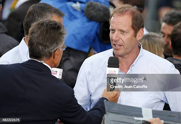 Tour de France Director Christian Prudhomme answers to Gerard Holtz following stage twenty one of the 2015 Tour de France, a 109.5 km stage from...