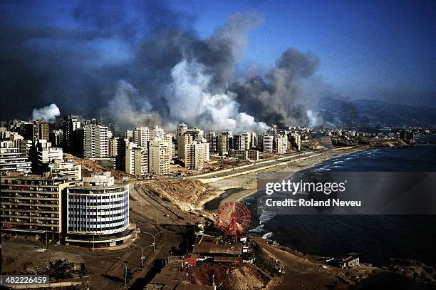 West Beirut areas between the city and the airport under heavy shelling by Israeli army during the Summer 1982 invasion and the war against the...