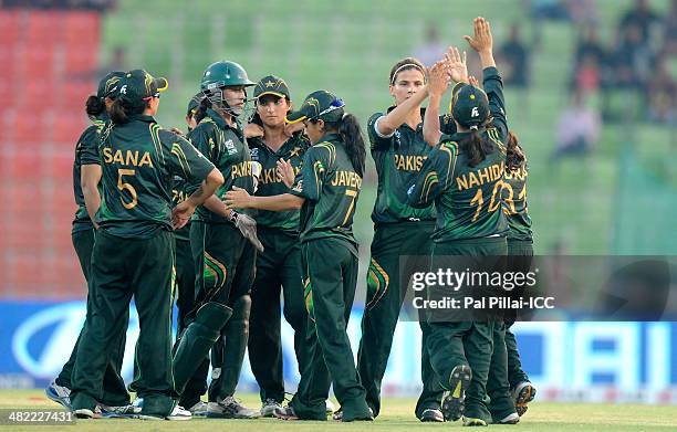 Qanita Jalil of Pakistan celebrates the wicket of Yasoda Mendis of Sri Lanka during the ICC Women's World Twenty20 7th/8th place ranking match...