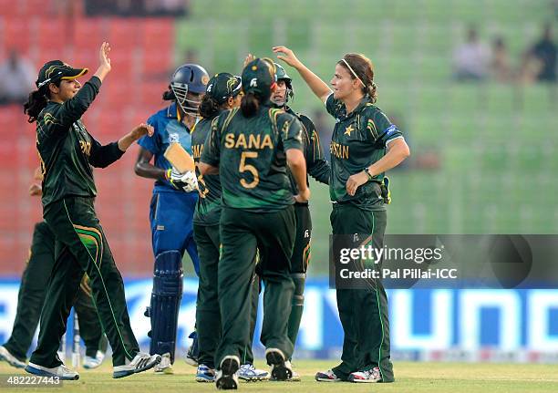 Qanita Jalil of Pakistan celebrates the wicket of Yasoda Mendis of Sri Lanka during the ICC Women's World Twenty20 7th/8th place ranking match...