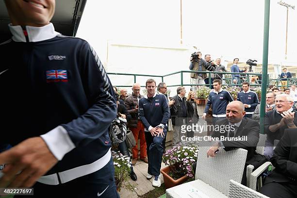 The Great Britain team with team captain Leon Smith in the centre arrive for the main draw ceremony prior to the Davis Cup World Group Quarter Final...
