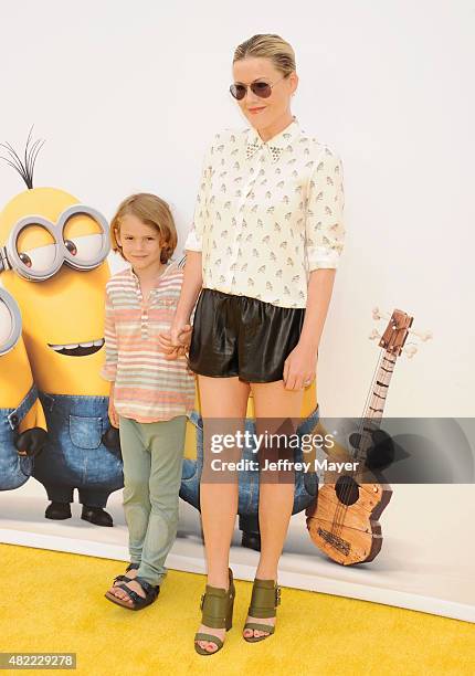 Actress Kathleen Robertson and son William Cowles arrive at the premiere of Universal Pictures and Illumination Entertainment's 'Minions' at The...