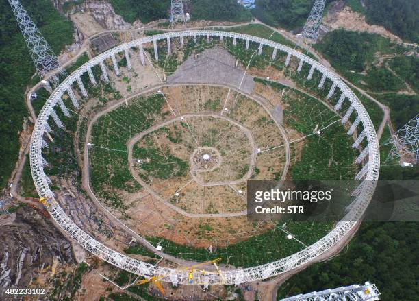 This picture taken on July 29, 2015 shows the five-hundred-metre Aperture Spherical Radio Telescope under construction in Pingtang, southwest China's...