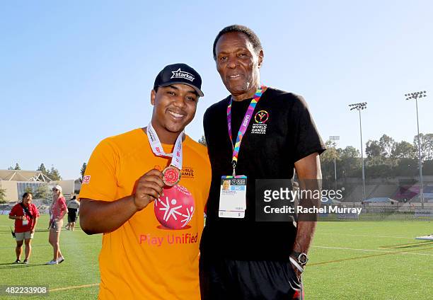 Starkey Hearing Foundation ambassadors Chris Massey and Olympic gold medalist Rafer Johnson participate in The Special Olympics Unified Sports...