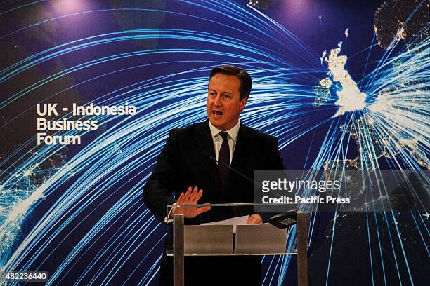 Britain's Prime Minister David Cameron gestures as he delivers his remarks during the UK-Indonesia Business Forum in Jakarta. British Prime Minister...