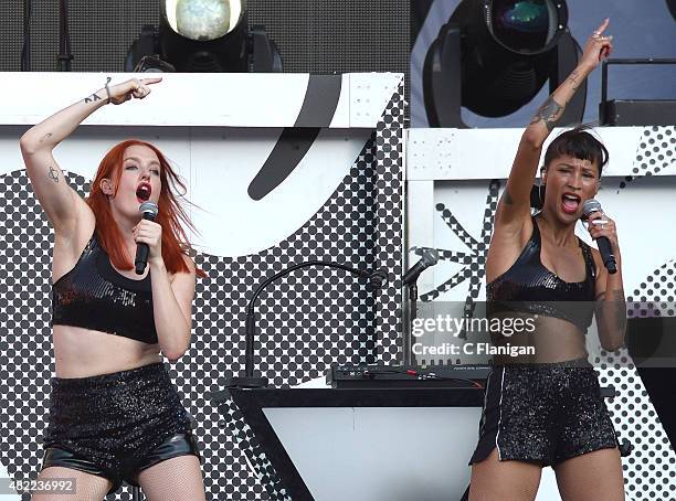 Singers Caroline Hjelt and Aino Jawo of Icona Pop perform at Arrowhead Stadium on July 28, 2015 in Kansas City, Missouri.