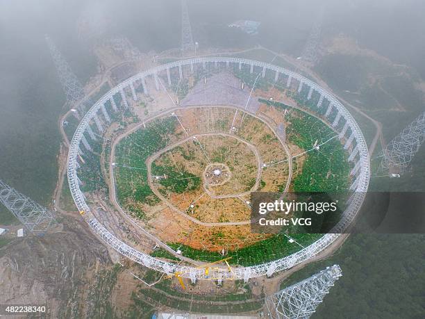 Aerial view of the Five hundred meter Aperture Spherical Telescope built in mountains on July 28, 2015 in Pingtang County, Qiannan Buyei and Miao...