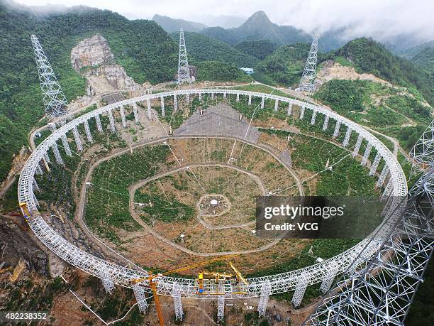 Aerial view of the Five hundred meter Aperture Spherical Telescope built in mountains on July 28, 2015 in Pingtang County, Qiannan Buyei and Miao...