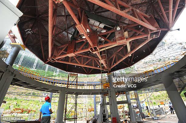 The Five hundred meter Aperture Spherical Telescope is built in mountains on July 28, 2015 in Pingtang County, Qiannan Buyei and Miao Autonomous...