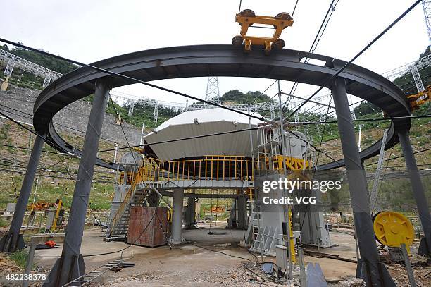 The Five hundred meter Aperture Spherical Telescope is built in mountains on July 28, 2015 in Pingtang County, Qiannan Buyei and Miao Autonomous...