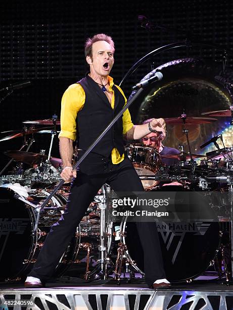 Drummer Alex Van Halen and David Lee Roth of Van Halen perform at Shoreline Amphitheatre on July 16, 2015 in Mountain View, California.