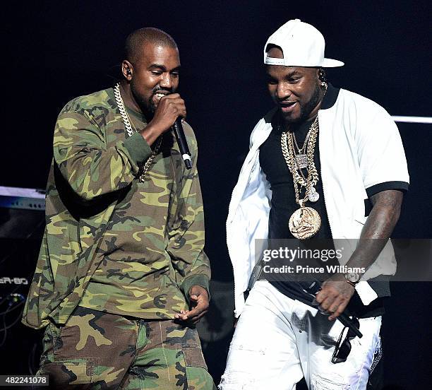 Young Jeezy and Kanye west perform at Jeezy presents TM101: 10 Year anniversary concert at The Fox Theatre on July 25, 2015 in Atlanta, Georgia.