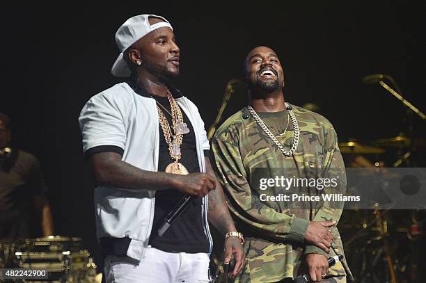 Young Jeezy and Kanye West perform at Jeezy presents TM101: 10 Year anniversary Concert at The Fox Theatre on July 25, 2015 in Atlanta, Georgia.