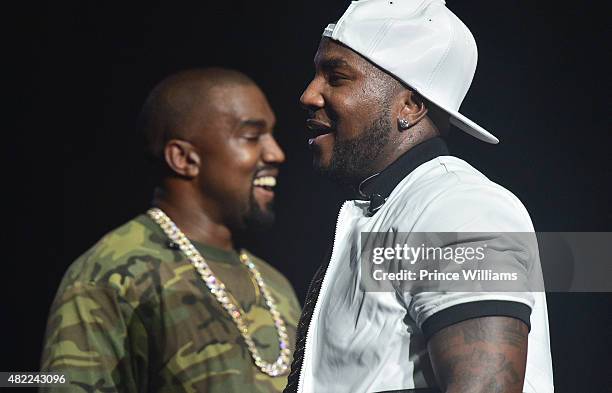 Young Jeezy and Kanye West perform at Jeezy presents TM101: 10 Year anniversary Concert at The Fox Theatre on July 25, 2015 in Atlanta, Georgia.