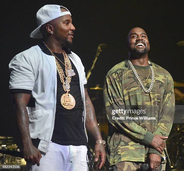 Young Jeezy and Kanye West perform at Jeezy presents TM101: 10 Year anniversary Concert at The Fox Theatre on July 25, 2015 in Atlanta, Georgia.