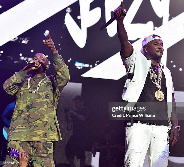 Young Jeezy and Kanye west perform at Jeezy presents TM101: 10 Year anniversary concert at The Fox Theatre on July 25, 2015 in Atlanta, Georgia.