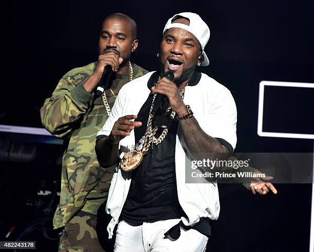 Young Jeezy and Kanye west perform at Jeezy presents TM101: 10 Year anniversary concert at The Fox Theatre on July 25, 2015 in Atlanta, Georgia.