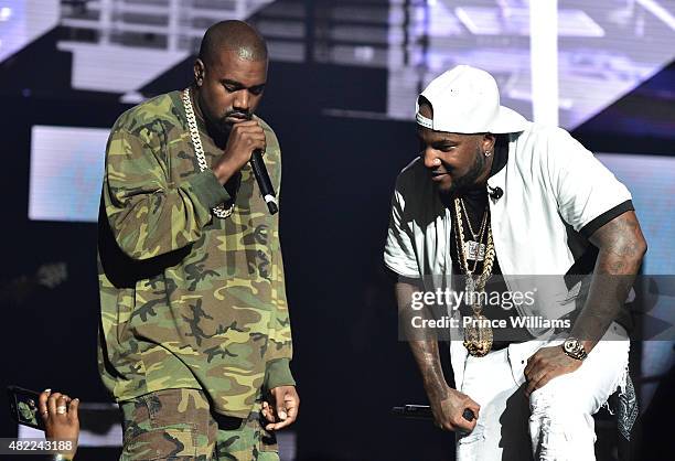 Young Jeezy and Kanye west perform at Jeezy presents TM101: 10 Year anniversary concert at The Fox Theatre on July 25, 2015 in Atlanta, Georgia.