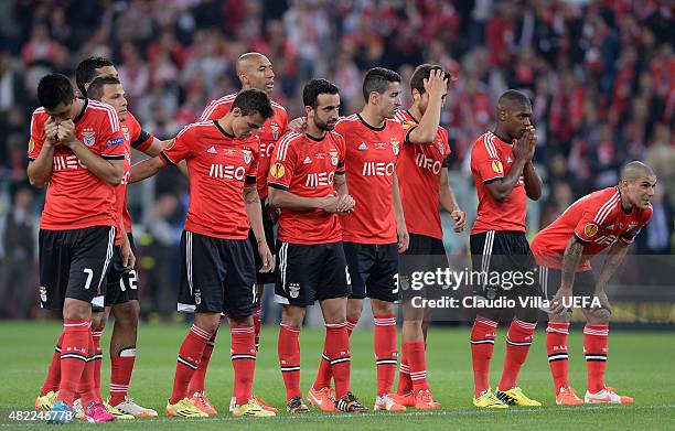 Benfica players react during the penalty shoot out during the UEFA Europa League Final between Sevilla FC and SL Benfica at Juventus Arena on May 13,...