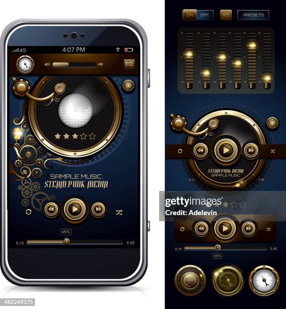 ilustrações, clipart, desenhos animados e ícones de steampunk media player interface - volume knob