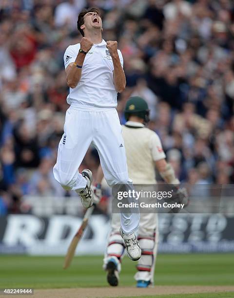 Steven Finn of England celebrates dismissing Steven Smith of Australia during day one of the 3rd Investec Ashes Test match between England and...
