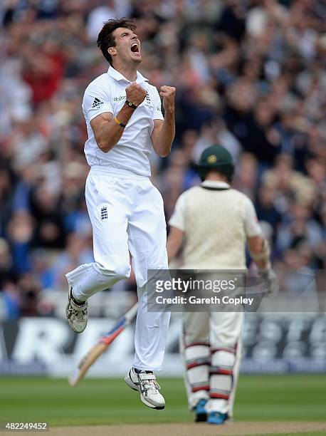 Steven Finn of England celebrates dismissing Steven Smith of Australia during day one of the 3rd Investec Ashes Test match between England and...