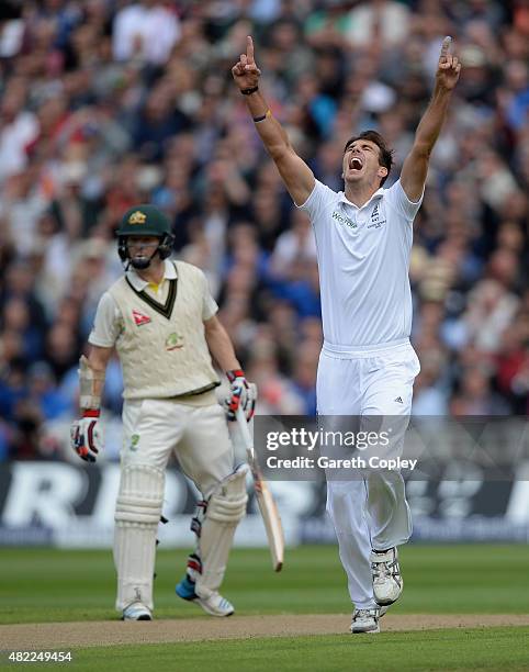 Steven Finn of England celebrates dismissing Steven Smith of Australia during day one of the 3rd Investec Ashes Test match between England and...