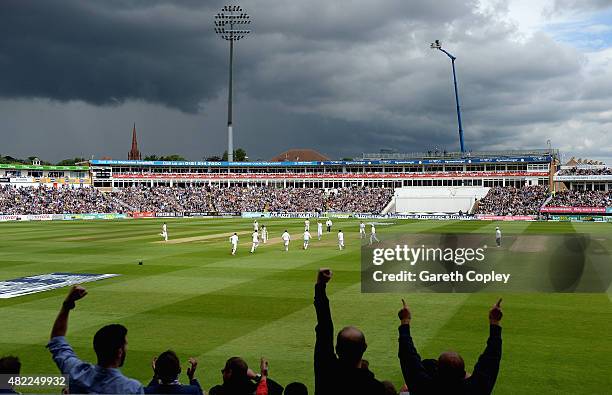 Steven Finn of England celebrates bowling Australian captain Michael Clarke during day one of the 3rd Investec Ashes Test match between England and...