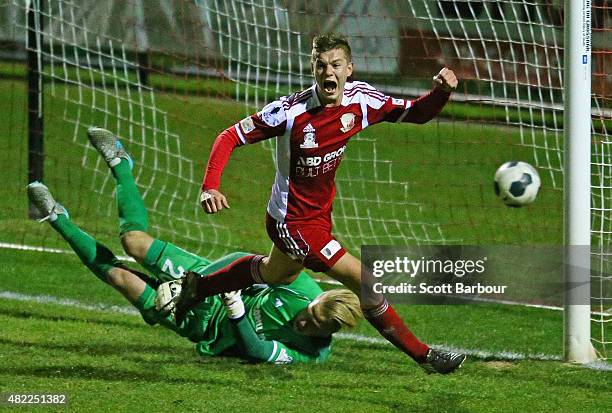 Marcus Schroen of Hume City FC celebrates after scoring a goal during the FFA Cup match between Hume City FC and Brisbane Strikers FC at ABD Stadium...