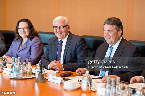 German Minister of Work and Social Issues Andrea Nahles, German Foreign Minister Frank-Walter Steinmeier and German Economy Minister and Vice...