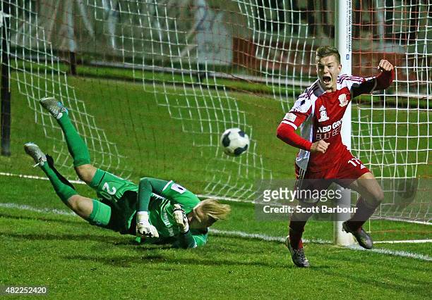 Marcus Schroen of Hume City FC celebrates after scoring a goal during the FFA Cup match between Hume City FC and Brisbane Strikers FC at ABD Stadium...