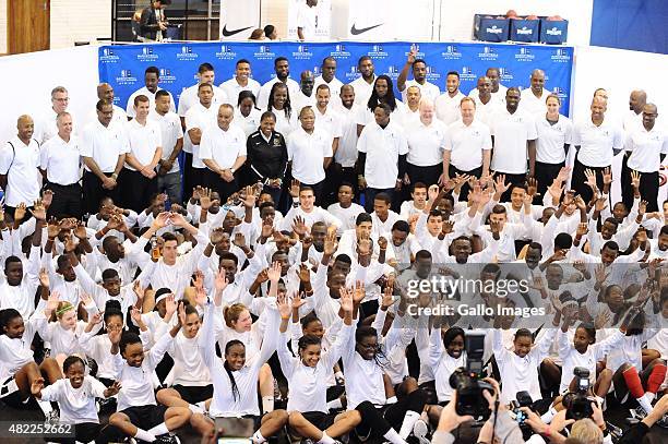 Players,Minister of Sport Fikile Mbalula and NBA Legends with young players during the Basketball Without Borders Africa training at American...