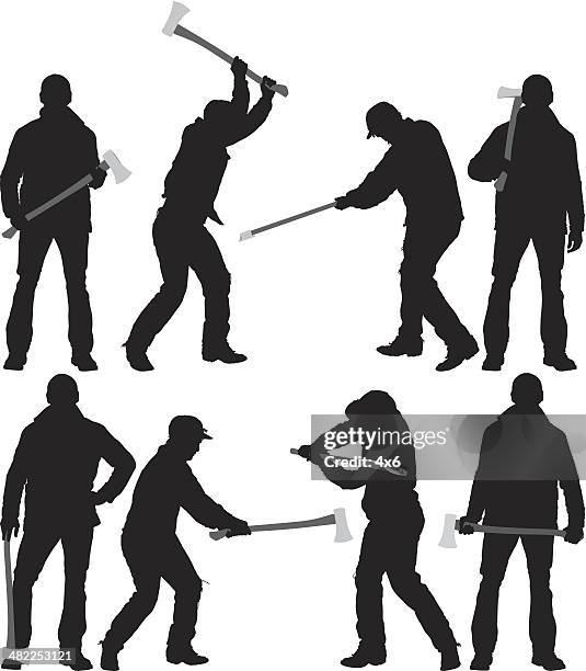 stockillustraties, clipart, cartoons en iconen met multiple silhouette of a lumberjack in action - bijl