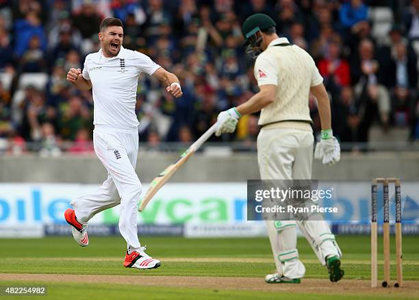 James Anderson of England celebrates after taking the wicket of Adam Voges of Australia during day one of the 3rd Investec Ashes Test match between...