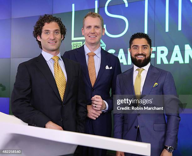 Justin Fichelson, Andrew Greenwell and Roh Habibi attend the "Million Dollar Listing San Francisco" Ring The Nasdaq Stock Market Opening Bell at...