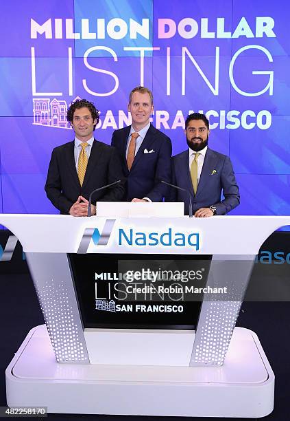 Justin Fichelson, Andrew Greenwell and Roh Habibi attend the "Million Dollar Listing San Francisco" Ring The Nasdaq Stock Market Opening Bell at...