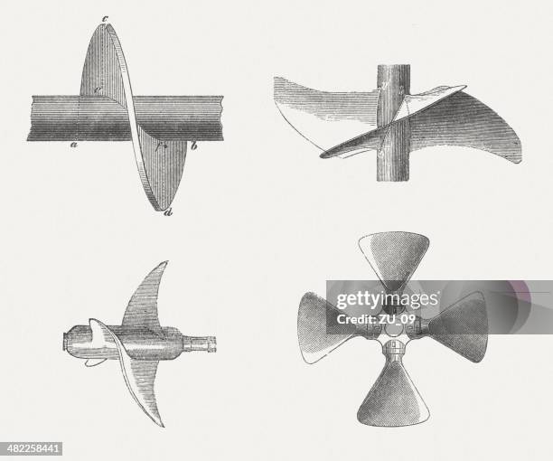 historical types of ships' propellers, wood engraving, published in 1877 - ship propeller stock illustrations
