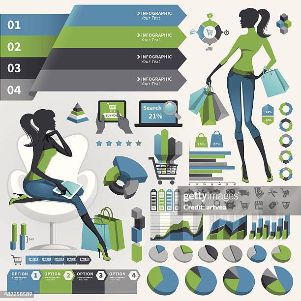 shopping-themed infographic vector image set - abstract geometric silhouette woman stock illustrations