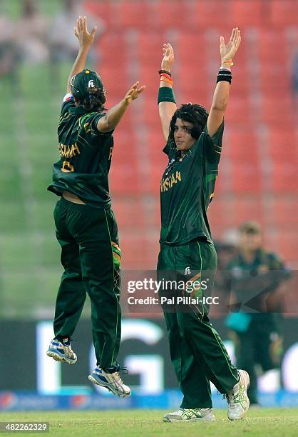 Sania Khan of Pakistan celebrates the wicket of Hasini Perera of Sri Lanka during the ICC Women's World Twenty20 7th/8th place ranking match between...