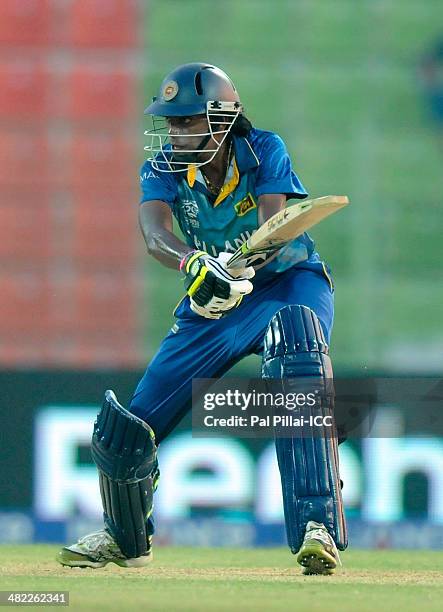 Yasoda Mendis of Sri Lanka bats during the ICC Women's World Twenty20 7th/8th place ranking match between Sri Lanka Women and Pakistan Women played...