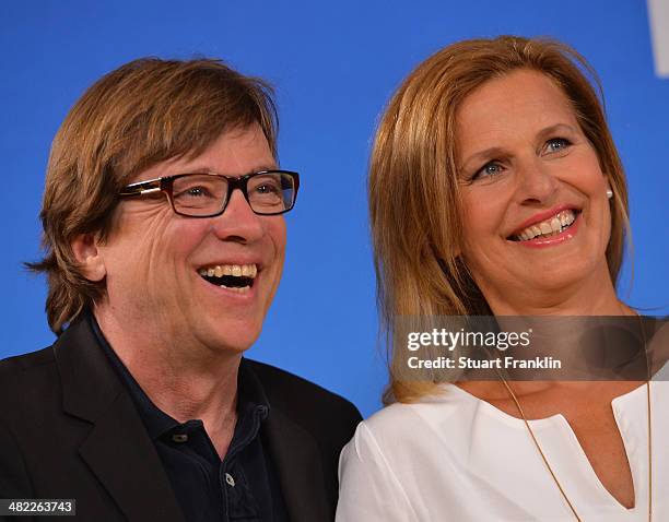 Television presenters Bela Rethy and Katrin Müller-Hohenstein is pictured during the ARD/ZDF FIFA World Cup 2014 team presentation event on April 3,...