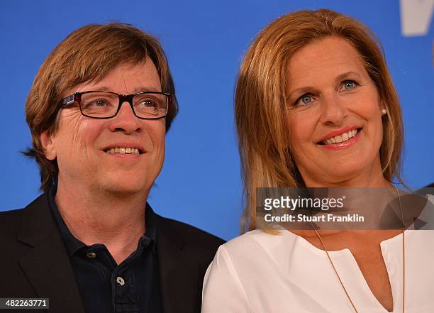 Television presenters Bela Rethy and Katrin Müller-Hohenstein is pictured during the ARD/ZDF FIFA World Cup 2014 team presentation event on April 3,...