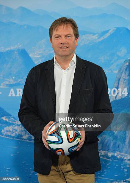 Commentator Gerd Gottlob is pictured during the ARD/ZDF FIFA World Cup 2014 team presentation event on April 3, 2014 in Hamburg, Germany.