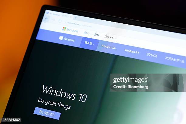 The Microsoft Corp.'s Windows 10 operating system runs on a laptop computer during a product launch event in Tokyo, Japan, on Wednesday, July 29,...